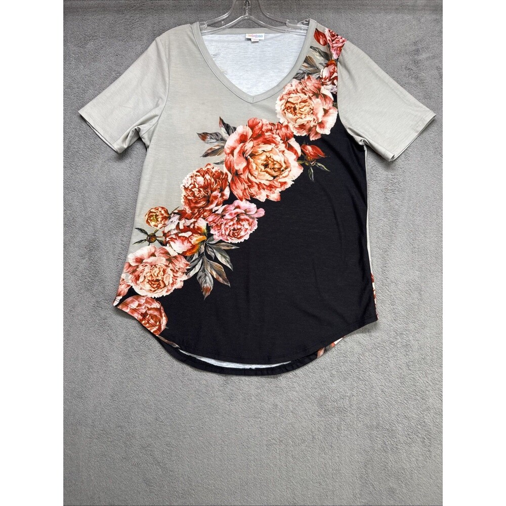 LuLaRoe Black Cream Orange Floral V-Neck Short Sleeve Women's Tunic T-Shirt S